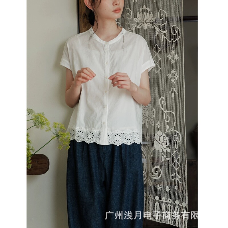 Say to the Mountains "Daisy" High-Quality Tencel Cotton Japanese-Style Short-Sleeve Lace-Trimmed Shirt Top for Women in Summer
