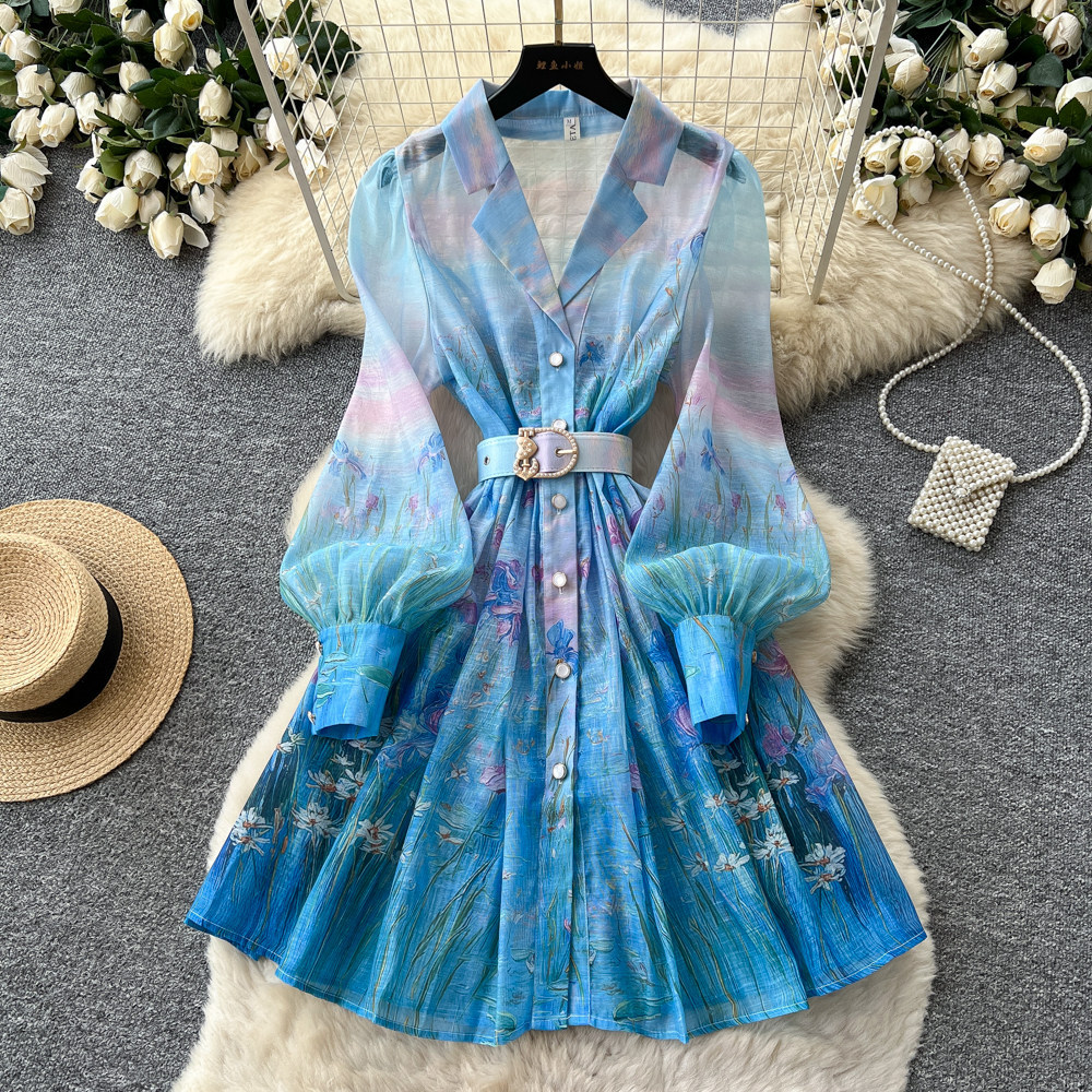 Women's French Romantic Gradient Print Dress Long Sleeve Single Breasted Button down Waist Tie Elegant Long Summer Dress_ecoleips.com