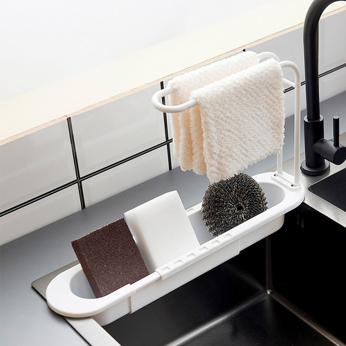 Multifunctional kitchen sponge drain storage rack with towel bar, rag rack, retractable sink storage rack