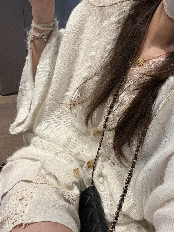 重工韩系慵懒松弛感钩花针织连帽大开衫女薄款羊毛针织衫毛衣|undefined