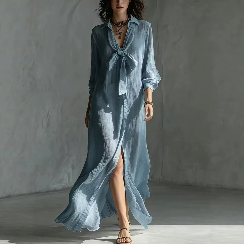 2026 New European and American Cross-Border Women's Fashion Chiffon Long-Sleeve V-Neck Slit Dress with Tie 2026 New European and American Cross-Border Women's Fashion Chiffon Long-Sleeve V-Neck Slit Dress with Tie