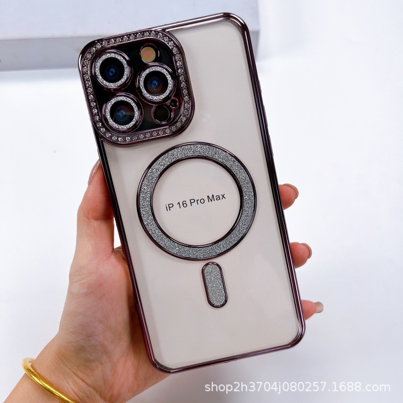 アップルiPhone16の新しいサイドドリル磁気吸引携帯電話15メッキフラッシュ粉14promax保護カバーを適用|undefined