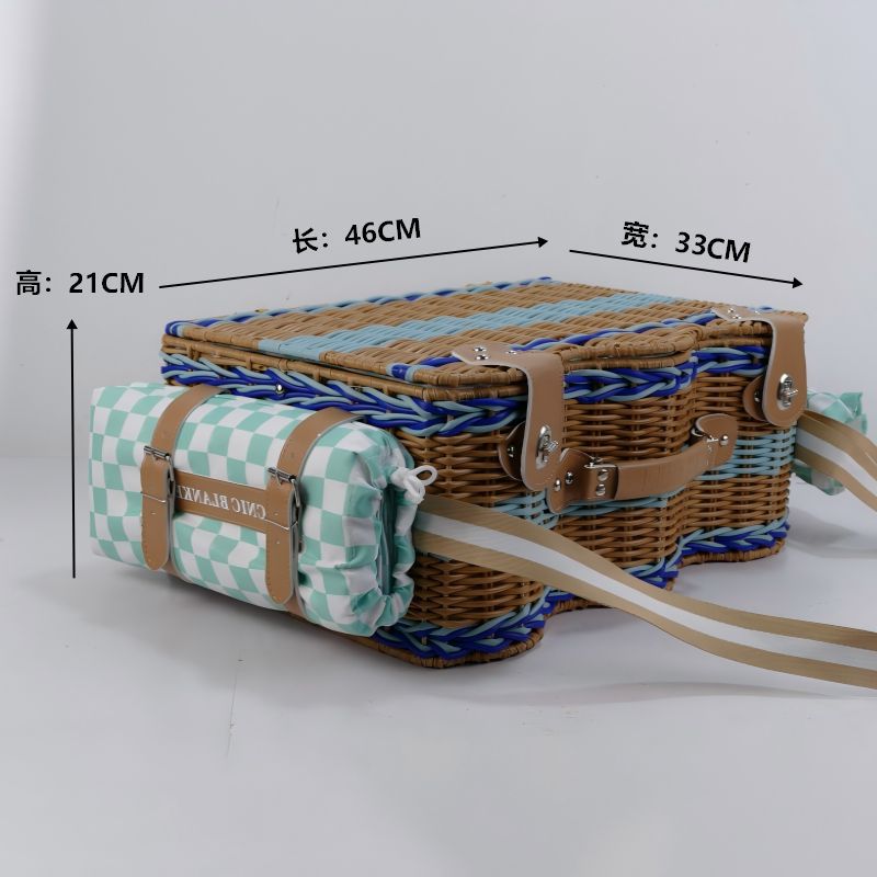 Comercio exterior de alta calidad imitación de caña de plástico trenzado canasta de picnic canasta de almacenamiento de cuatro personas canasta de picnic con almohadilla de picnic
