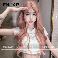 Daily Pink Bangs Long Wavy Hairstyle Lolita Summer Sweet New Wig Full Headset