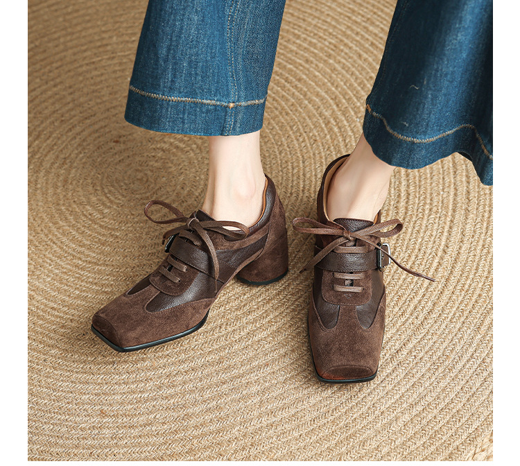 Giày nữ da dê cổ sâu quai ngang mũi vuông kiểu retro Anh — màu nâu chi tiết 10