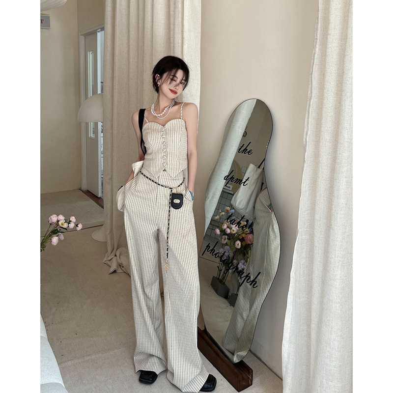 Western style fashion suit summer new pattern stripe camisole vest Paige Drape Broad leg trousers Two piece set