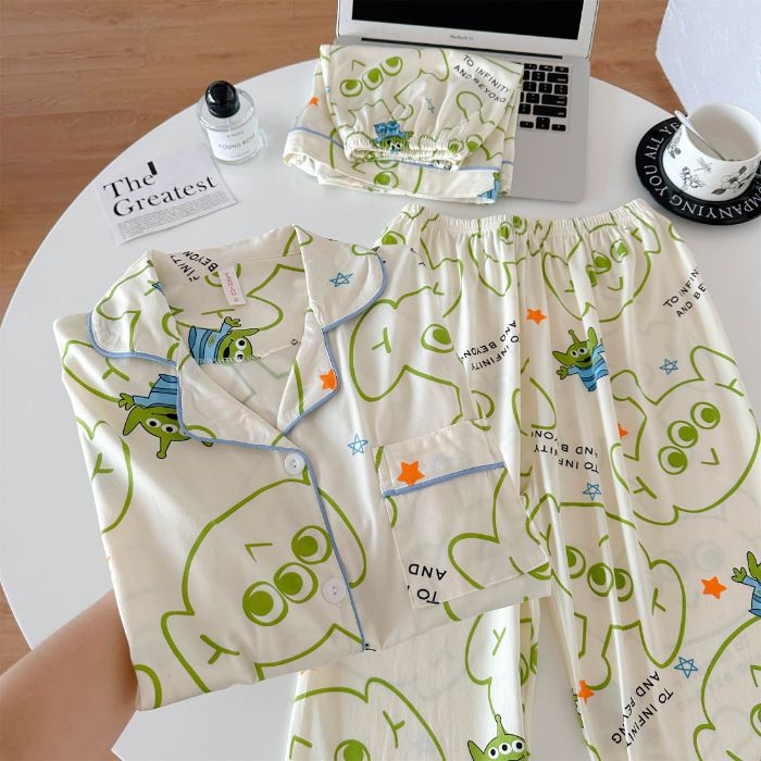 Pijamas de algodón de imitación de tres piezas 160G pantalones cortos de manga corta de verano para mujer
