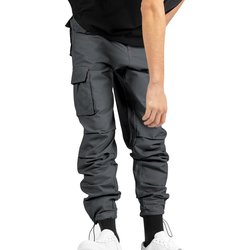 Herrenbekleidung Gewebte Stoffhose mit Kordelzug und mehreren Taschen, einfarbig, lässige Arbeitshose_voghion.com