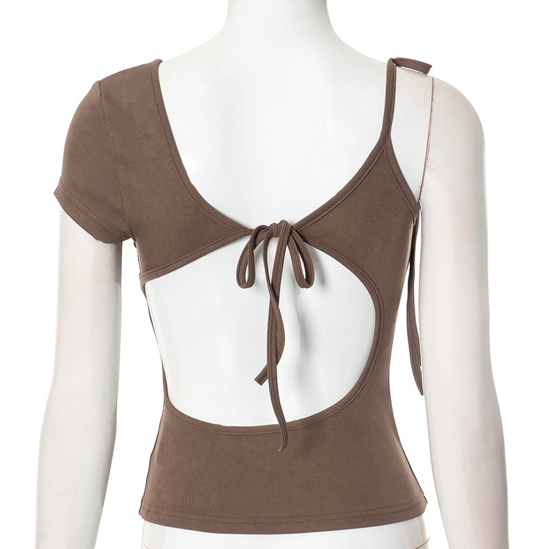 T-shirt asymétrique plissé à lacets et dos nu pour femme 14 O1CN017CCb3128c4Y8O7nhi !!2217706967952 0 cib