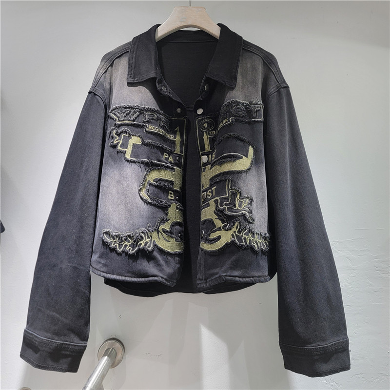 2026 nuevo desgaste a mano de la industria pesada estilo nacional retro bordado denim abrigo corto de manga larga con solapa camisa tipo blusa