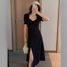 感设计法式长裙黑色连衣裙子2024赫本风小黑裙高级年开叉女夏季感