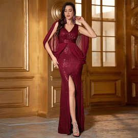 KY810欧美跨境女装ebay亚马逊晚礼服红色亮片包臀连衣裙婚礼礼服