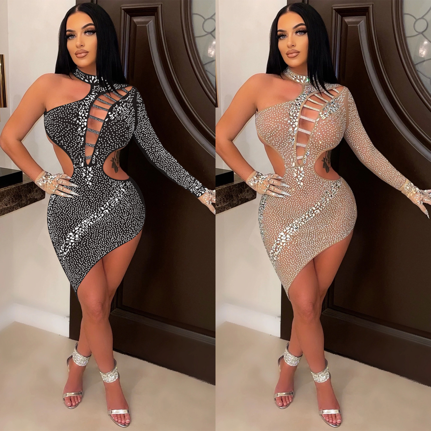 C562 AliExpress moda europea y americana sexy nightclub rhinestone caliente un hombro slant collar hueco backless vestido irregular image 2