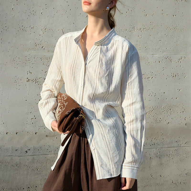 Old Money Style Striped Shirt with Original Design Tie Decoration, Cotton and Linen Top, Spring Season Stand Collar Casual Long-Sleeve Shirt Old Money Style Striped Shirt with Original Design Tie Decoration, Cotton and Linen Top, Spring Season Stand Collar Casual Long-Sleeve Shirt