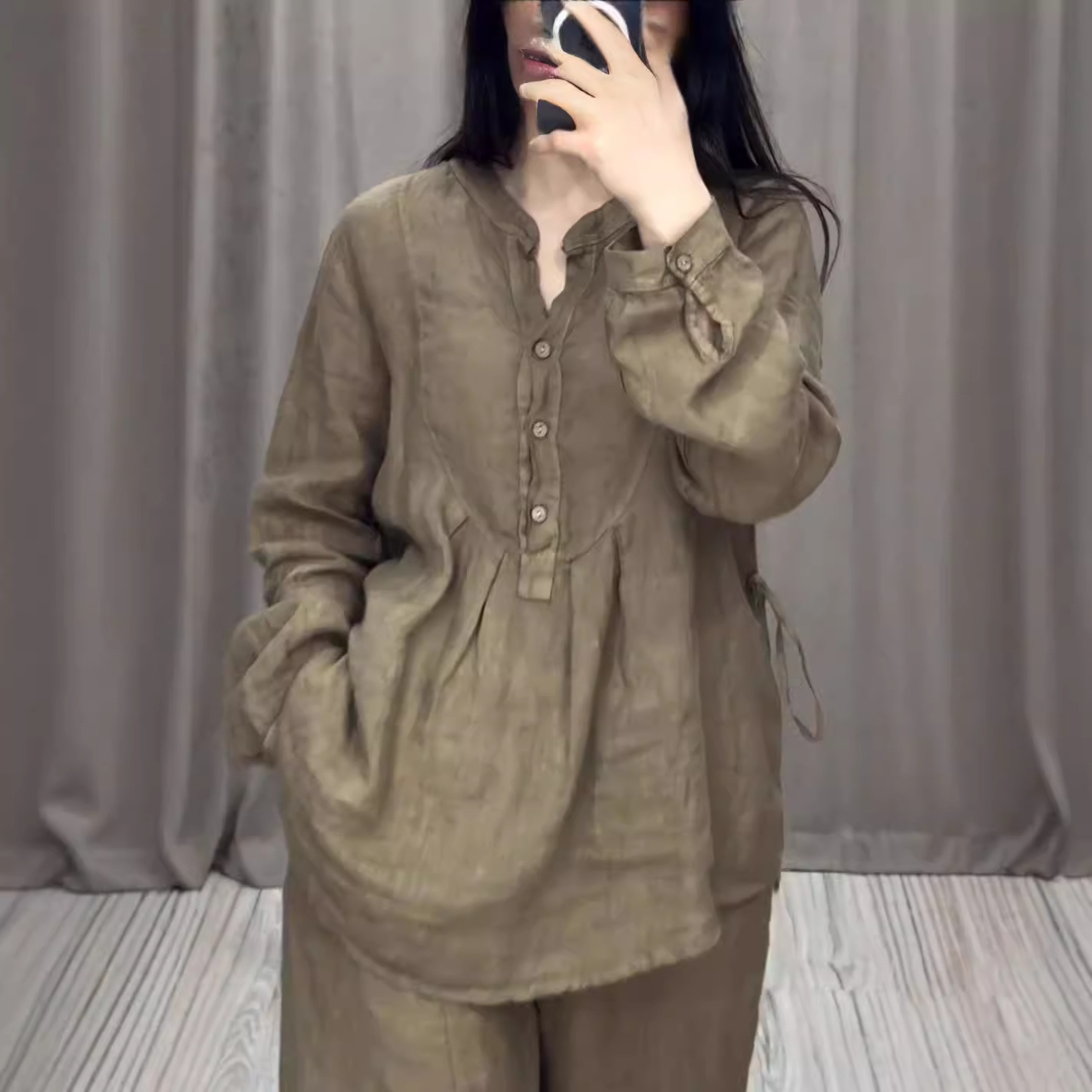 Women's Clothing Fashionable And Comfortable Women's Cotton Linen Suit Long Sleeved Half Open Casual Pleated Wide Leg Pants Autumn_ecoleips.com