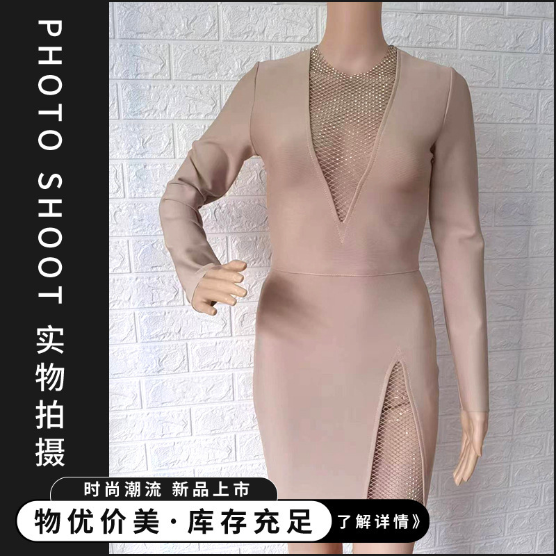 2024 new fashion nightclub sexy mesh diamond hollow fishing net deep V sleeveless dress factory wholesale