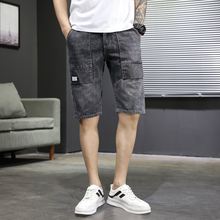 夏新款牛仔短裤男潮牌港风创意灰色腰带宽松大口袋男士休闲五分裤