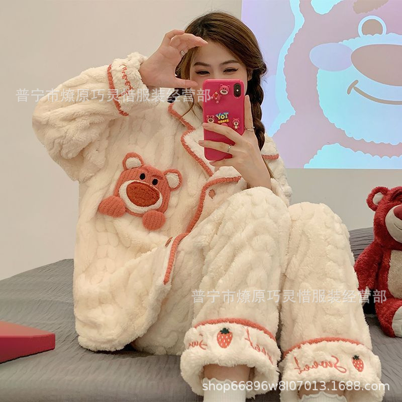 Franela otoño y invierno nueva linda niña caliente y gruesa dulce kitty gato suelto conjunto de pijamas se puede usar fuera