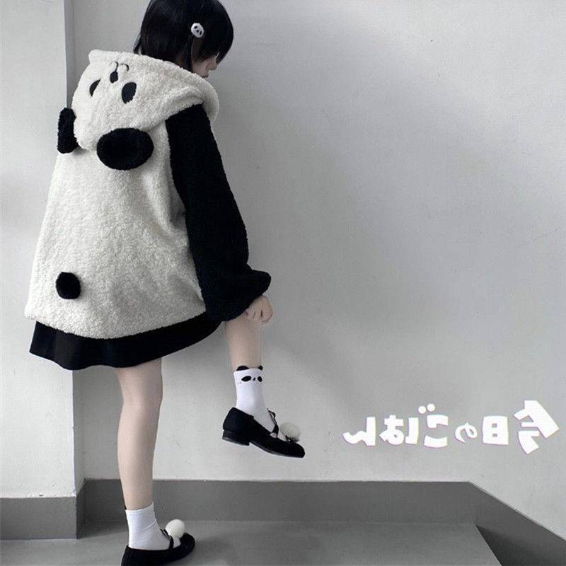 2023秋冬新款日系软妹学生韩版百搭熊猫羊羔加绒外套女学院风上衣