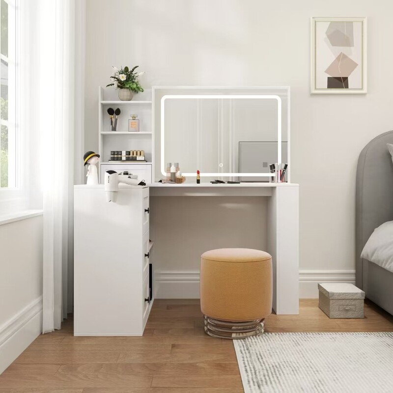 Cross-Border E-Commerce Foreign Trade Corner Dressing Table with Large Mirror and Lights, Modern Makeup Table with Charging Station