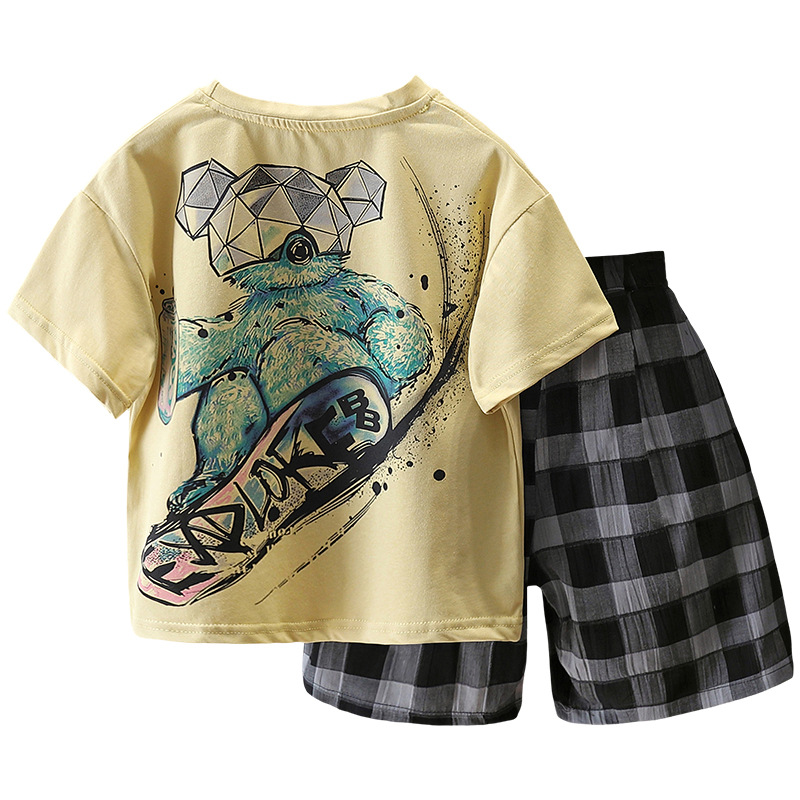 7276 Traje de verano para niños 2025 Nuevo estilo estampado de verano de manga corta para niños Camiseta de verano Pantalones cortos de dos piezas
