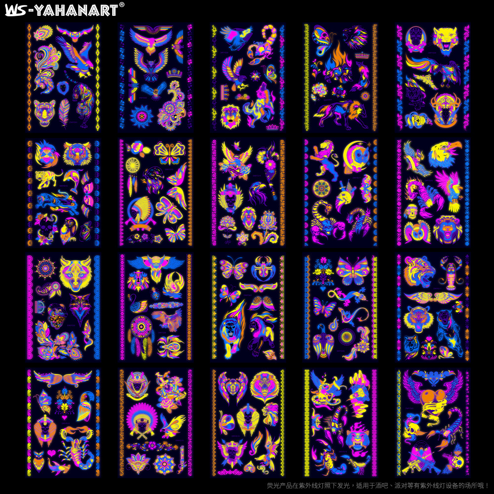 Búho animal de Halloween fluorescente flor brazo tatuaje pegatinas soporte creativo cuerpo color fluorescente brazo transferencia de agua pegatinas