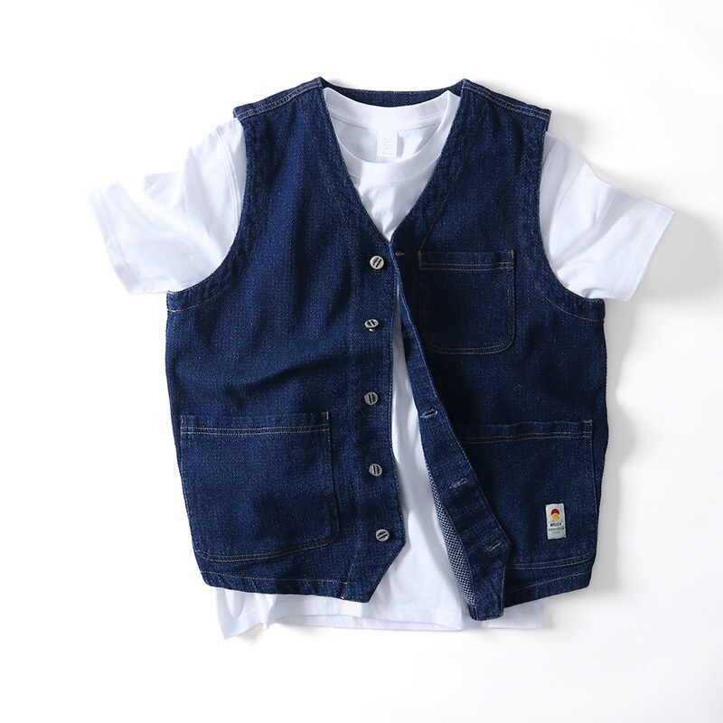 Classic Denim Dark Blue Workwear Spring and Autumn New Men's Casual Vest Versatile Vest V Neck Retro Jacket