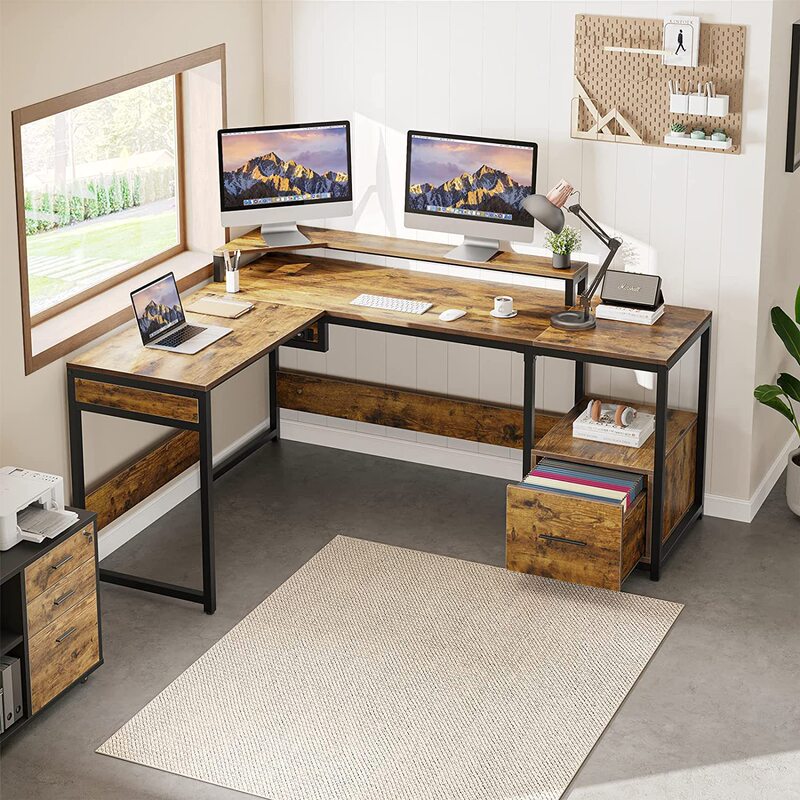 Corner home office desk with lifting top height adjustable with storage rack L-shaped computer desk with file drawer