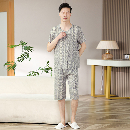 Mid-Age Men Summer Pajamas Set of 2 Cotton Short Sleeve Open-Front Top and Bottom Set for Dad Home Wear