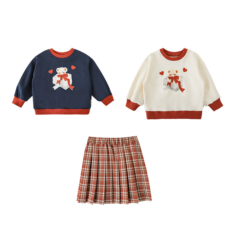 Dziewczęcy sweterek Qiu Duomeng z kreskówkowym misiem w kratkę, 2024, nowa spódnica dziecięca na wiosnę i jesień_voghion.com