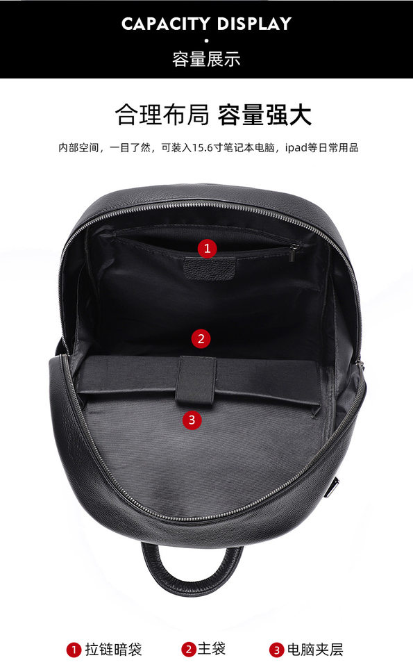 Ba lô nam da bò thật cỡ lớn 30×13×41 cm, ba lô du lịch công tác chống trộm ngăn laptop 14 inch — Màu đen chi tiết 8