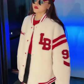 加绒加厚气质外套女2023年新款秋冬字母宽松开衫棒球服毛毛外套潮