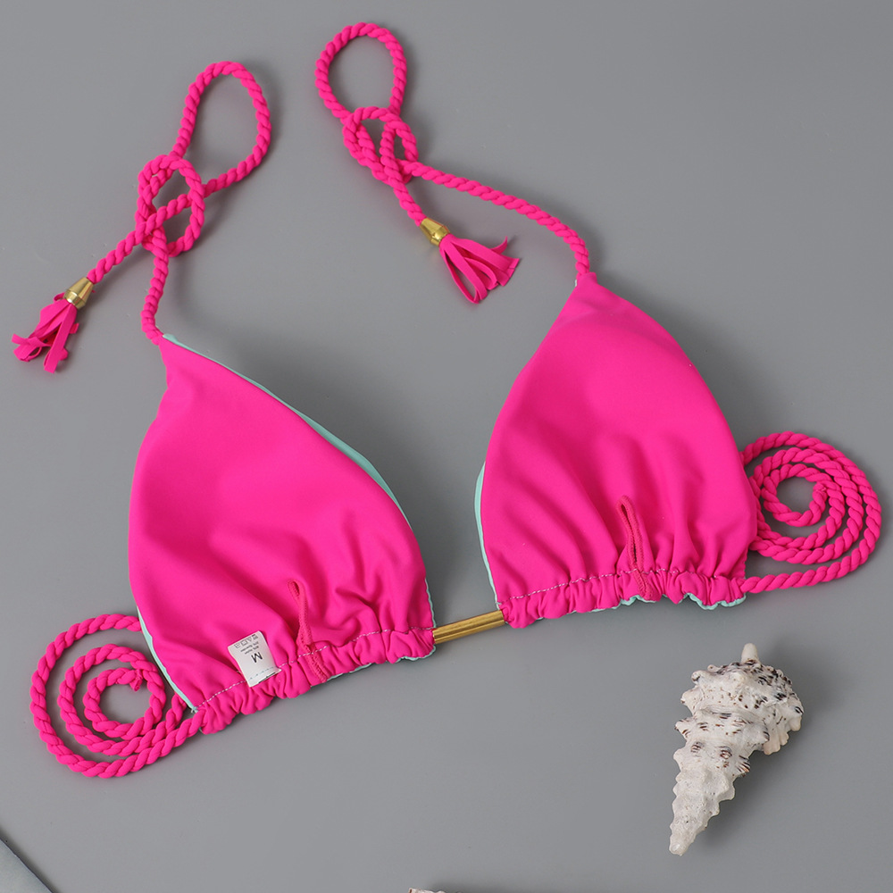 105g Weight Polyester Fabric Type split swimsuit Tops Type Swimming Pool, Beach Occasion Stripe, Solid Color Pattern Women's Gender Drawstring Craft Women's Stripe Solid Color 2 Pieces Set Bikinis Swimwear 11