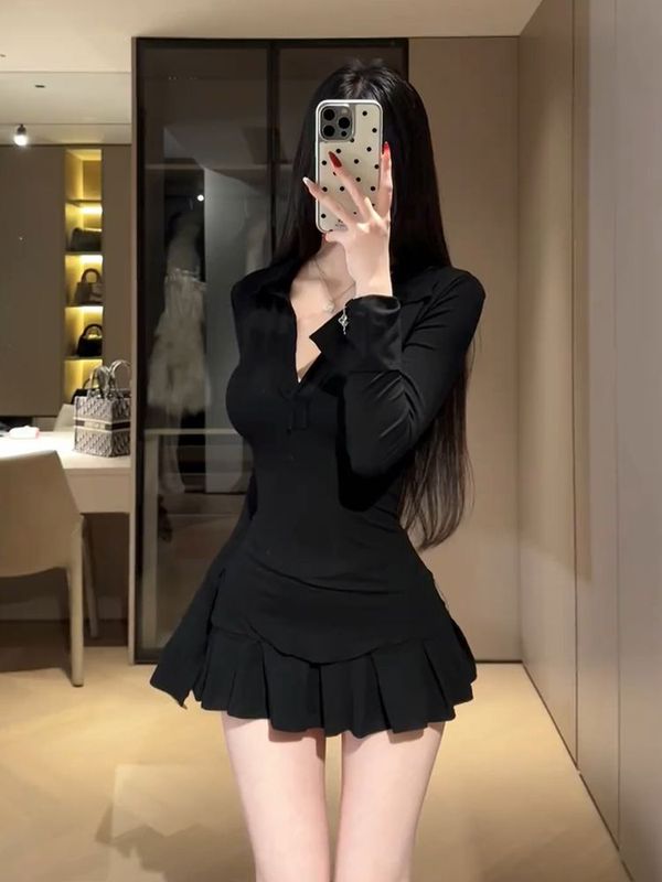 辣妹纯欲深V领长袖t恤女polo领收腰显瘦上衣高腰百褶裙裤两件套秋|undefined
