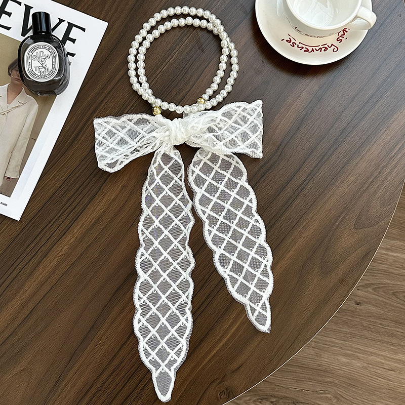 Collar de perlas Nueva bufanda de seda de encaje con cadena de clavícula francesa