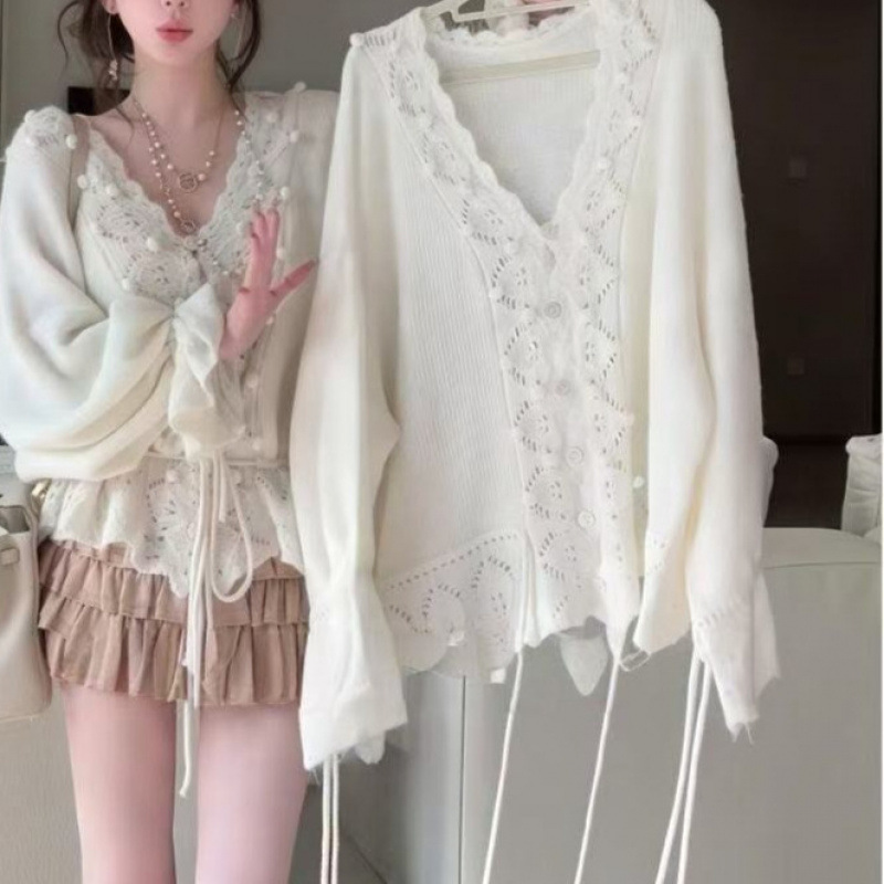 YS慵懒风V领毛球羊毛外套女设计感薄款绑带镂空针织衫宽松开衫女|undefined