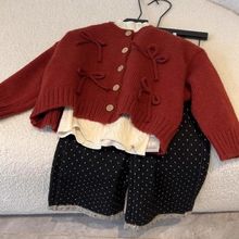 韓國童裝2025春季新款紅色蝴蝶結針織開衫女童波點直筒褲兩件套潮