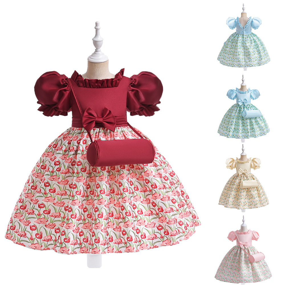 Robe de princesse plissée et imprimée pour enfants, manches bouffantes, robe de mariée à fleurs, robe de spectacle, nouvelle collection