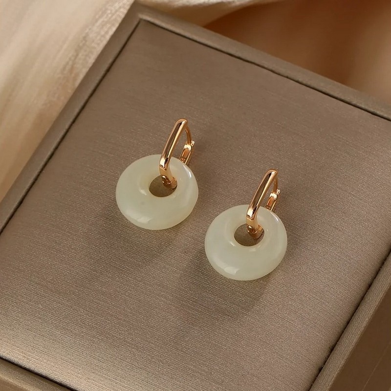 New Chinese style elegant imitation Hetian jade safety buckle earrings women's retro one two-piece round earrings ear jewelry