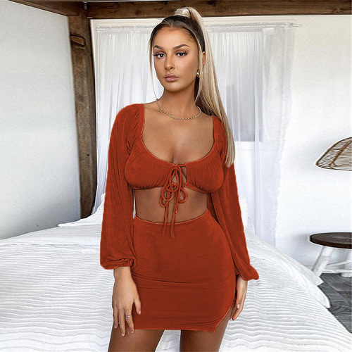European and American Fashion Women's Autumn New Sexy Square Collar Strappy Long Sleeve Short-sleeve Top Set for Women