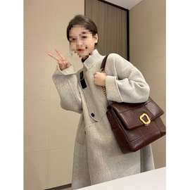 燕麦色毛呢外套秋冬人字纹呢子大衣韩系感赫本风