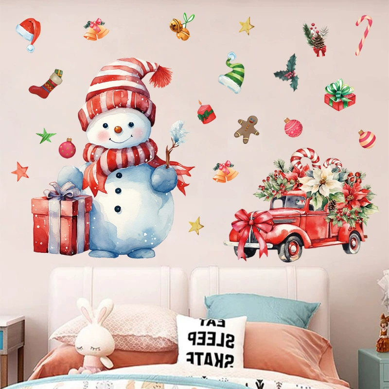 Наклейка на стену «Рождественская елка, рождественская машина, снеговик», акварельная настенная декорация, домашняя наклейка, атмосфера, самоклеящиеся обои