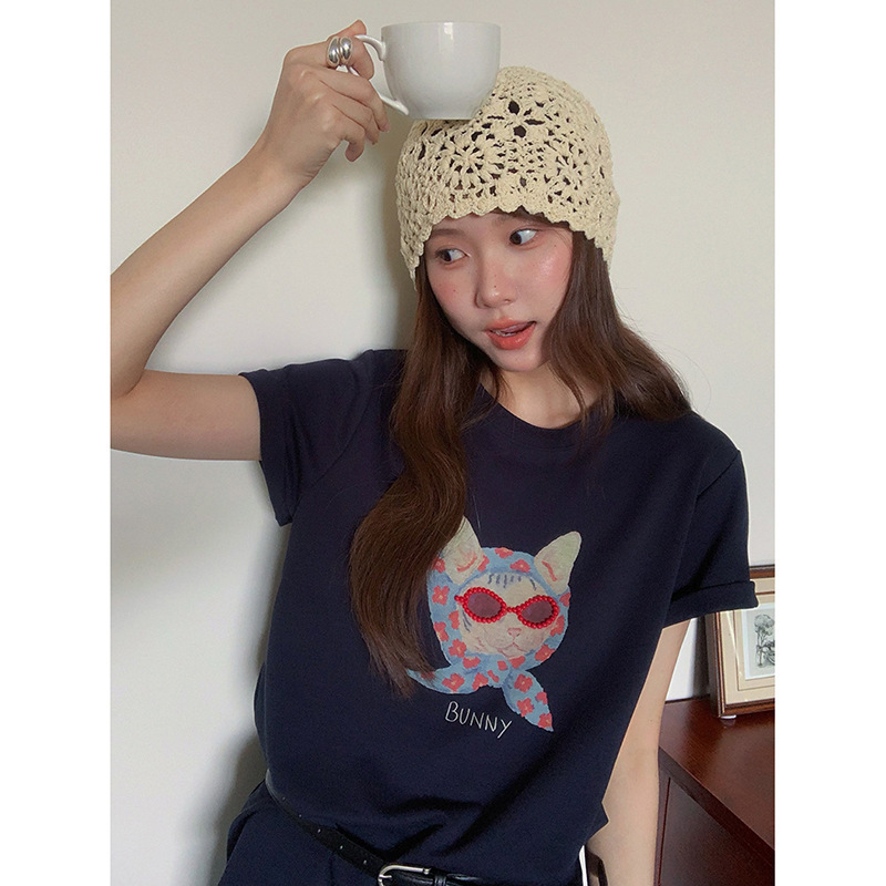[Song Ming] Korean commuter nail bead glasses printed T-shirt women's summer 2025 new short sleeve top N045C