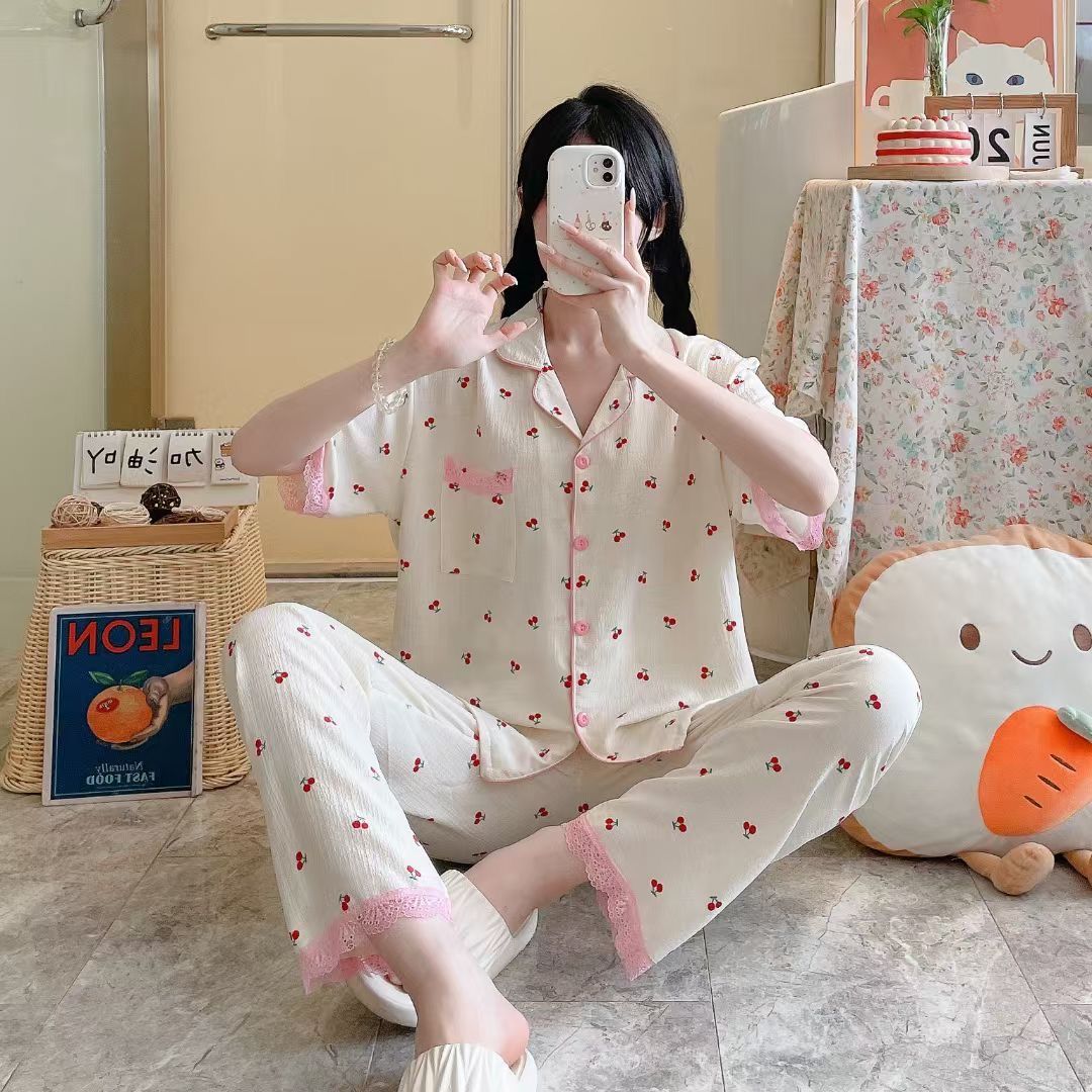 Pijamas de algodón burbuja al por mayor transfronterizos pantalones de manga corta de verano para mujer Cárdigan dulce japonés con traje de ropa para el hogar de encaje