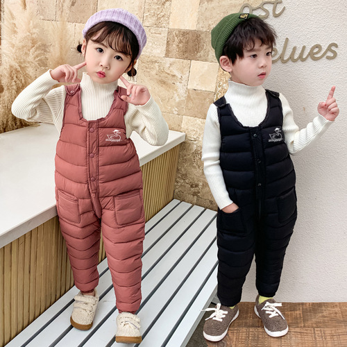Autumn and winter children's pocket down cotton pants for infants and toddlers, adjustable jumpsuits for children, thick bibs for small and medium-sized children