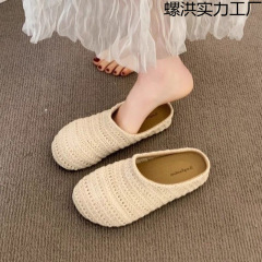 フレンチニッチメッシュ中空通気性つま先ハーフスリッパ女性の夏の新しいアウターローマン厚底サンダル