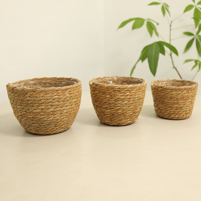 Transfronterizos de paja trenzada canasta de flores maceta trenzada canasta decoración sala de estar de caña trenzada canasta de almacenamiento de plantas verdes con maceta florista canasta de flores