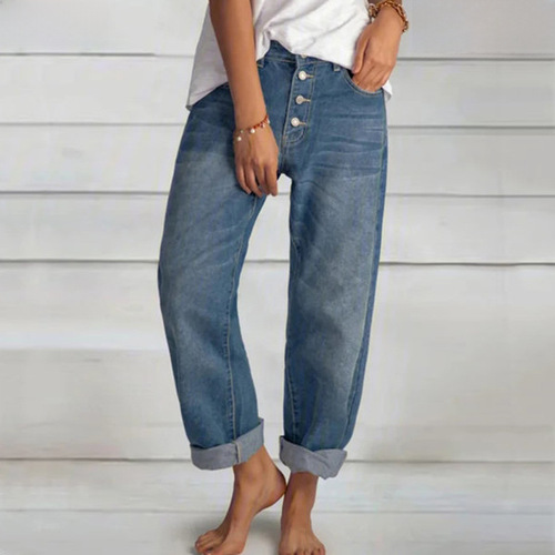 Direct sale from the manufacturer cross-border  spring and autumn new loose casual versatile minimalist slimming denim straight-leg pants for women