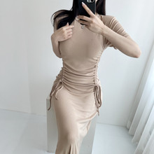 一件代发韩国开叉长裙设计夏季2021新款小黑裙双抽绳连衣裙显瘦女