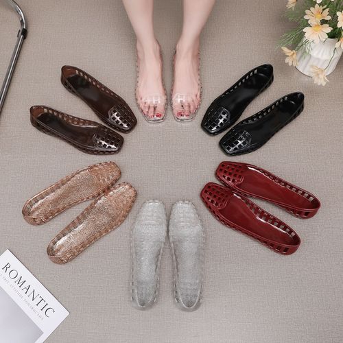 Square Head Flat Bottom Sandals Women Summer Outdoor Hollowed Out Toe Covering Heel Jelly Shoes Absolutely Beautiful Small Heel Low-Heeled Fashion Single Shoes 